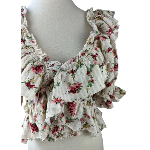 Free People Favorite Girl Top Romantic Floral Ruffle Smocked Boho Cottagecore Sm - Picture 6 of 16